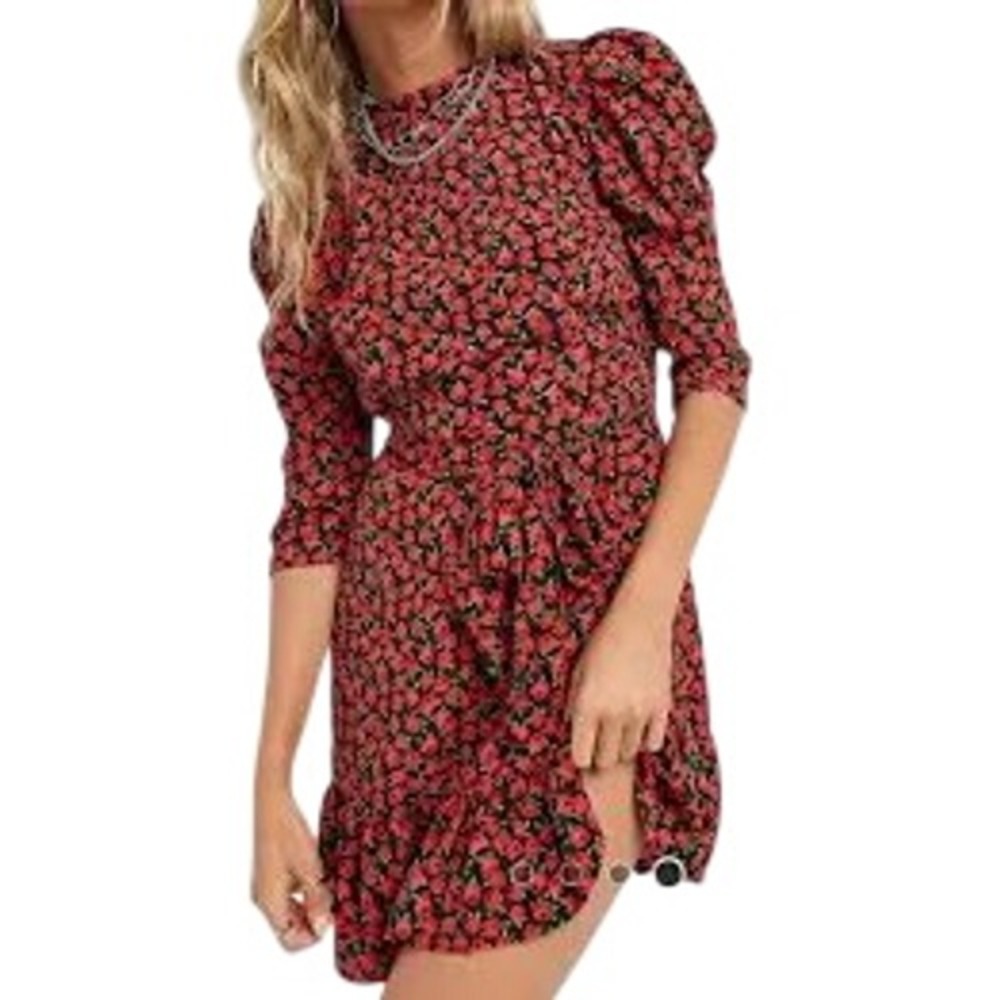 Topshop Rose Floral Mini Dress Women 12 Red Black Open Back Boho Cottagecore